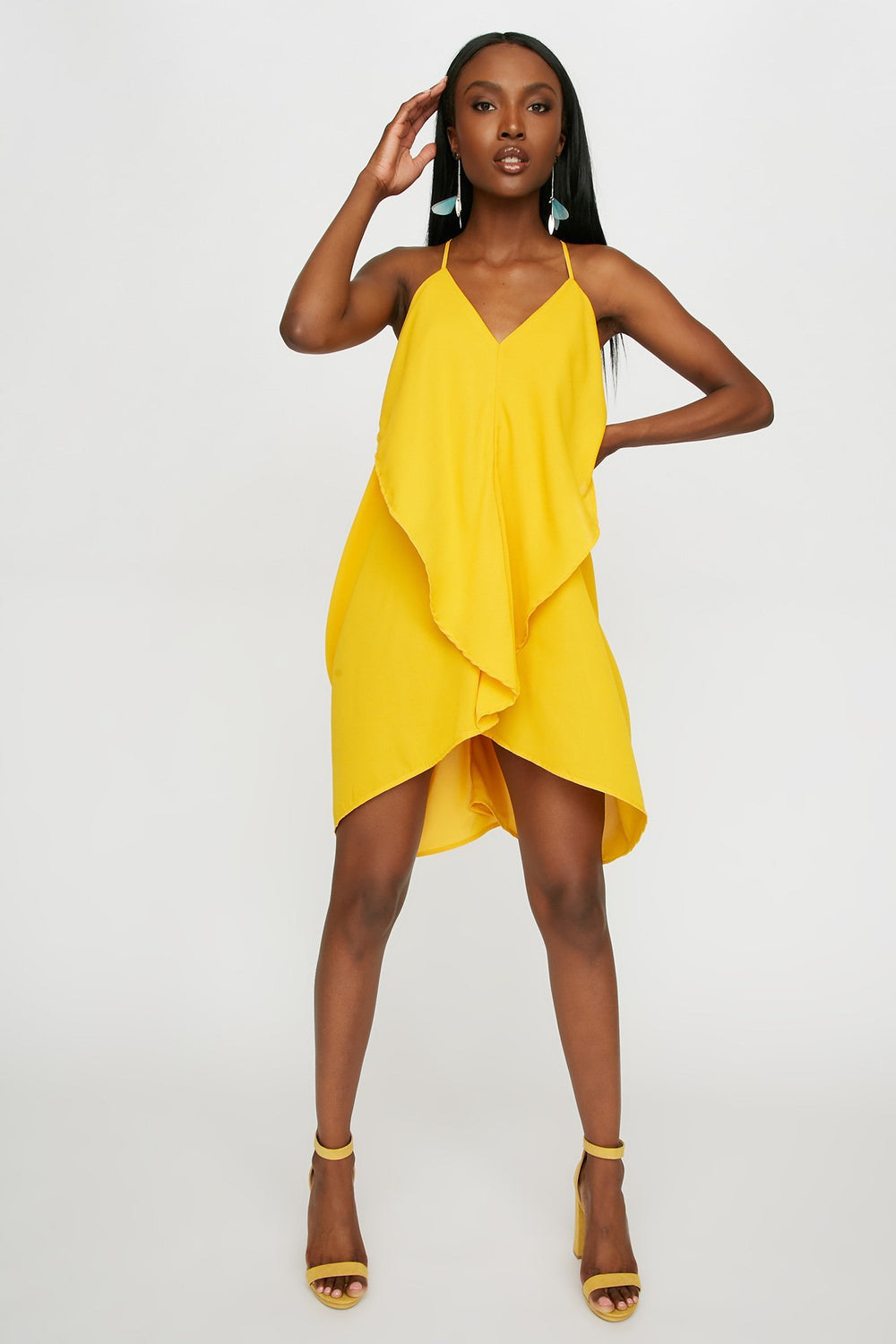 Women V-Neck Ruffle Drape Mini Dress Yellow
