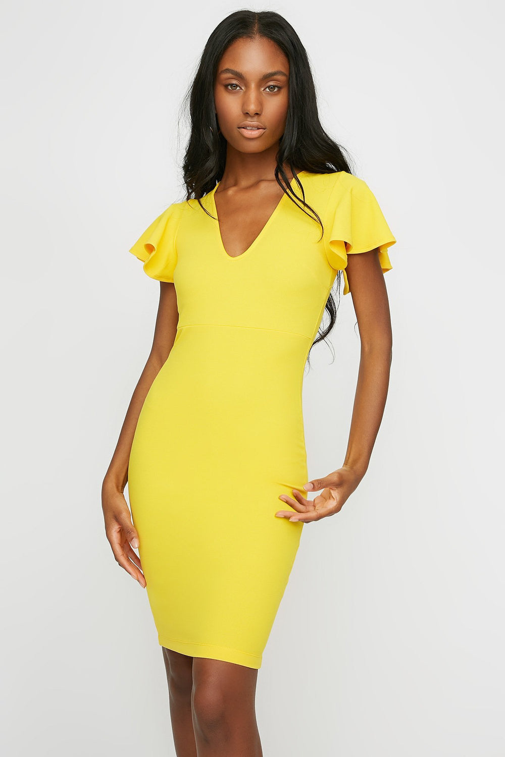 Women V-Neck Ruffle Sleeve Bodycon Midi Dress Yellow