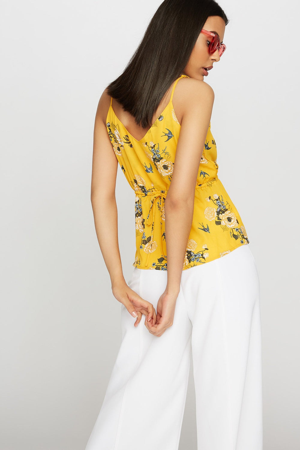 Women 2-Way V-Neck Drawstring Floral Blouse Yellow