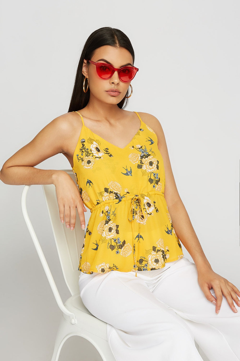 Women 2-Way V-Neck Drawstring Floral Blouse Yellow