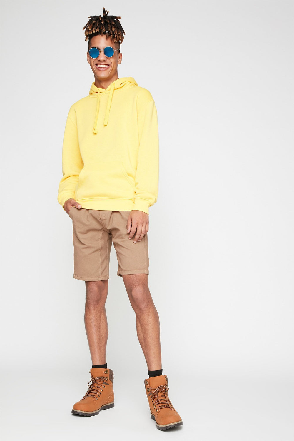Men Basic Soft Drawstring Popover Hoodie Yellow
