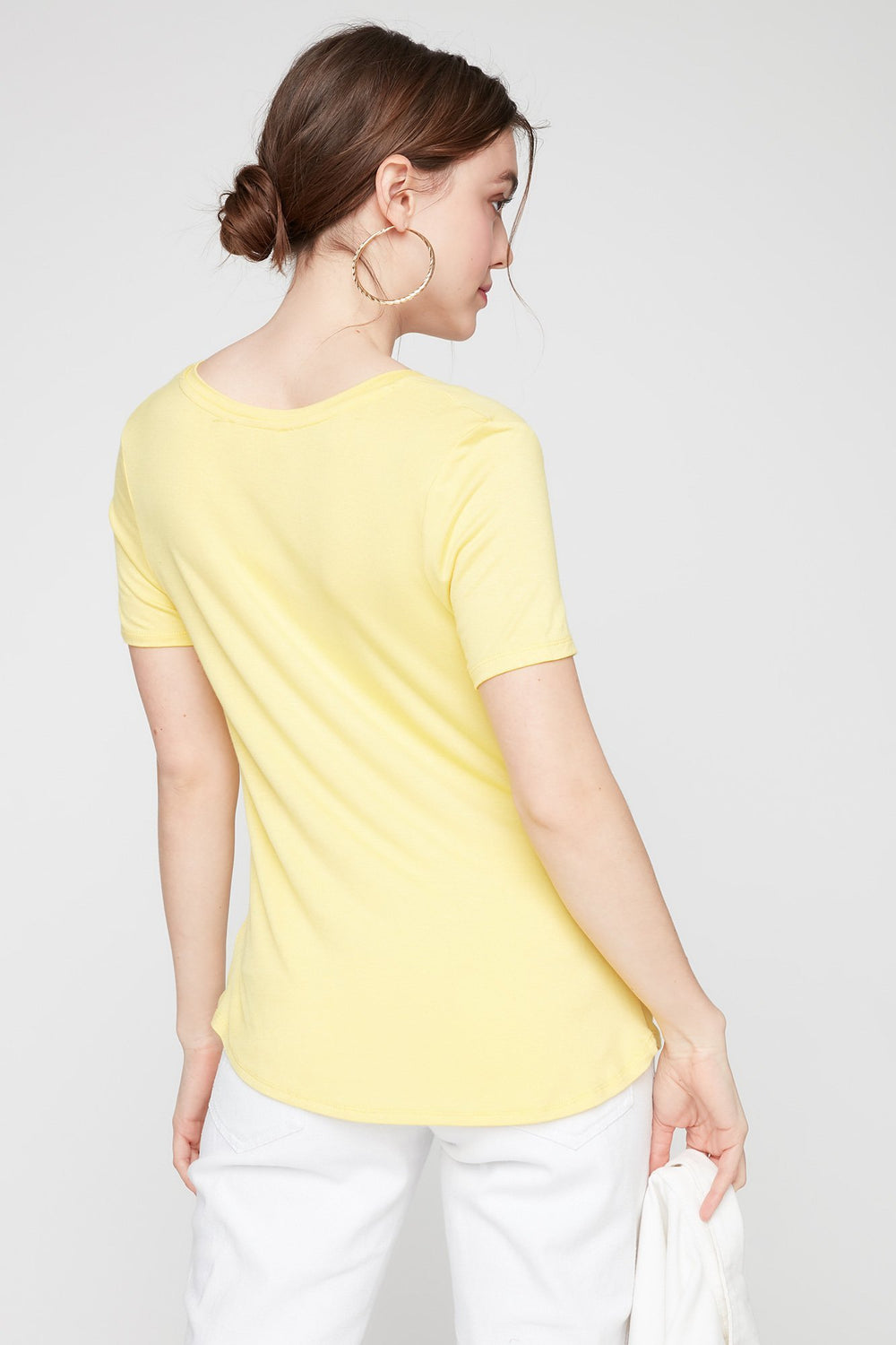 Women Basic V-Neck Pocket T-Shirt Yellow