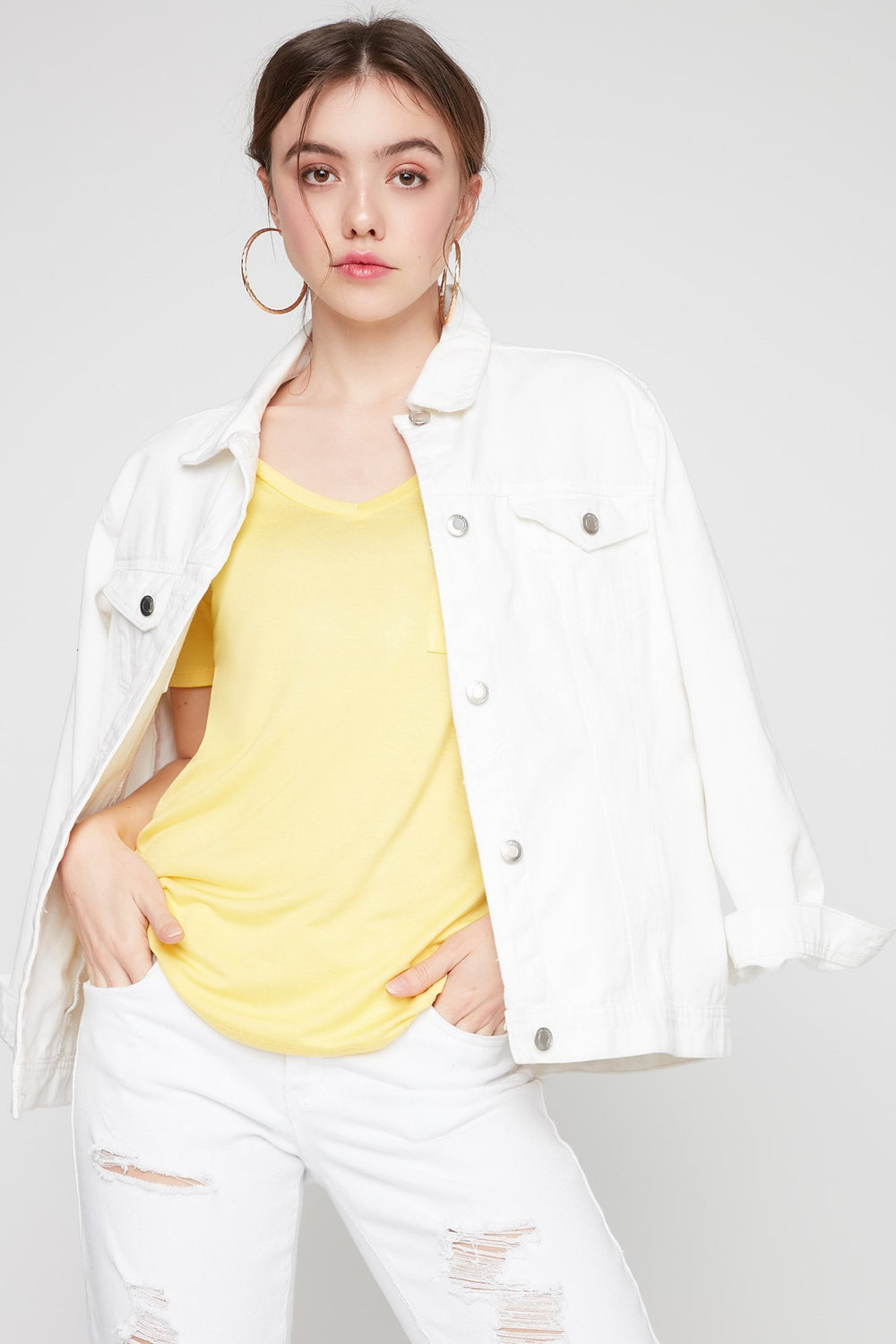 Women Basic V-Neck Pocket T-Shirt Yellow