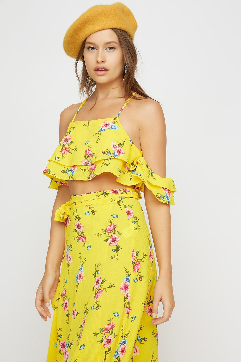 Women Cold Shoulder Floral Ruffle Cropped Blouse Yellow