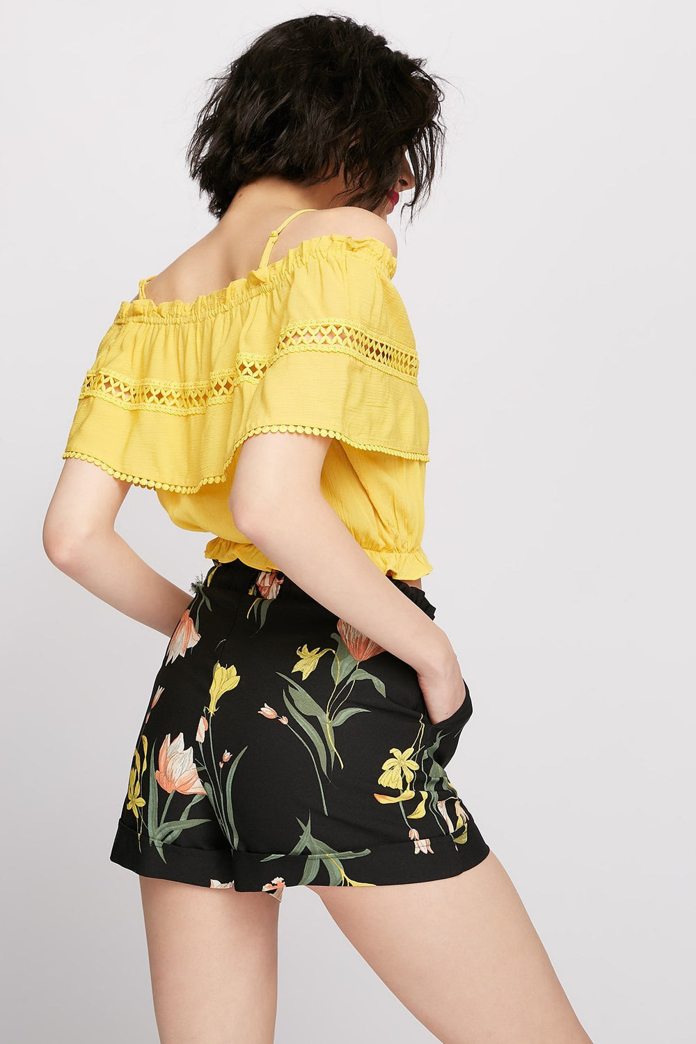 Women Cold Shoulder Ruffle Crochet Cropped Blouse Yellow