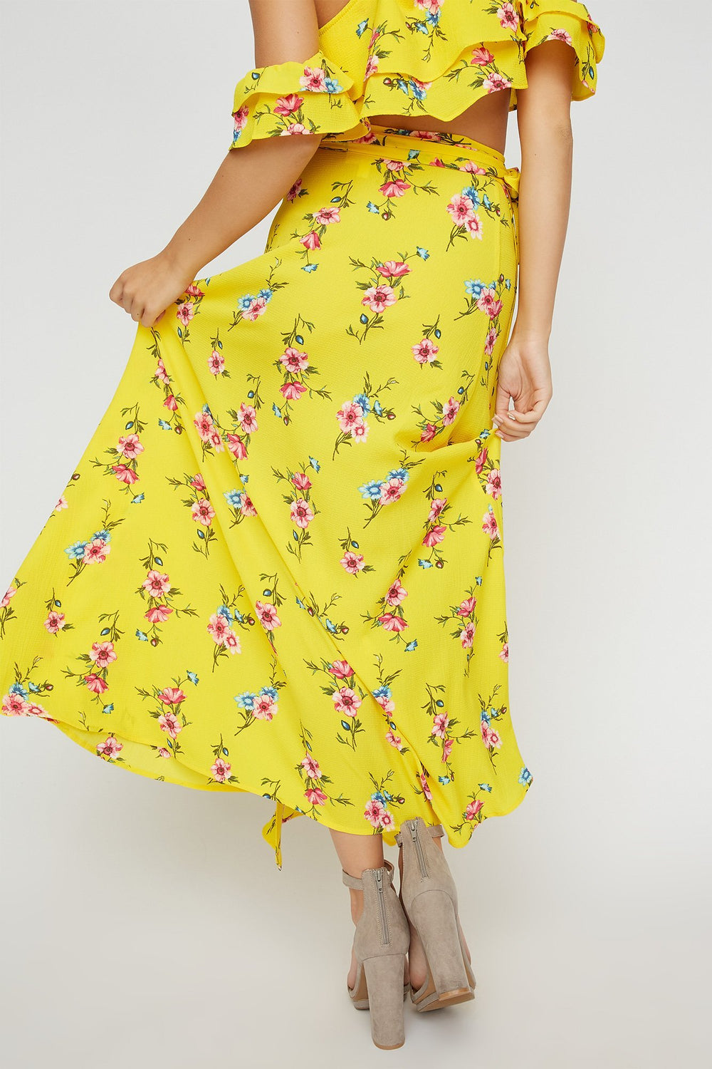 Women High-Rise Floral Self-Tie Wrap Maxi Skirt Yellow