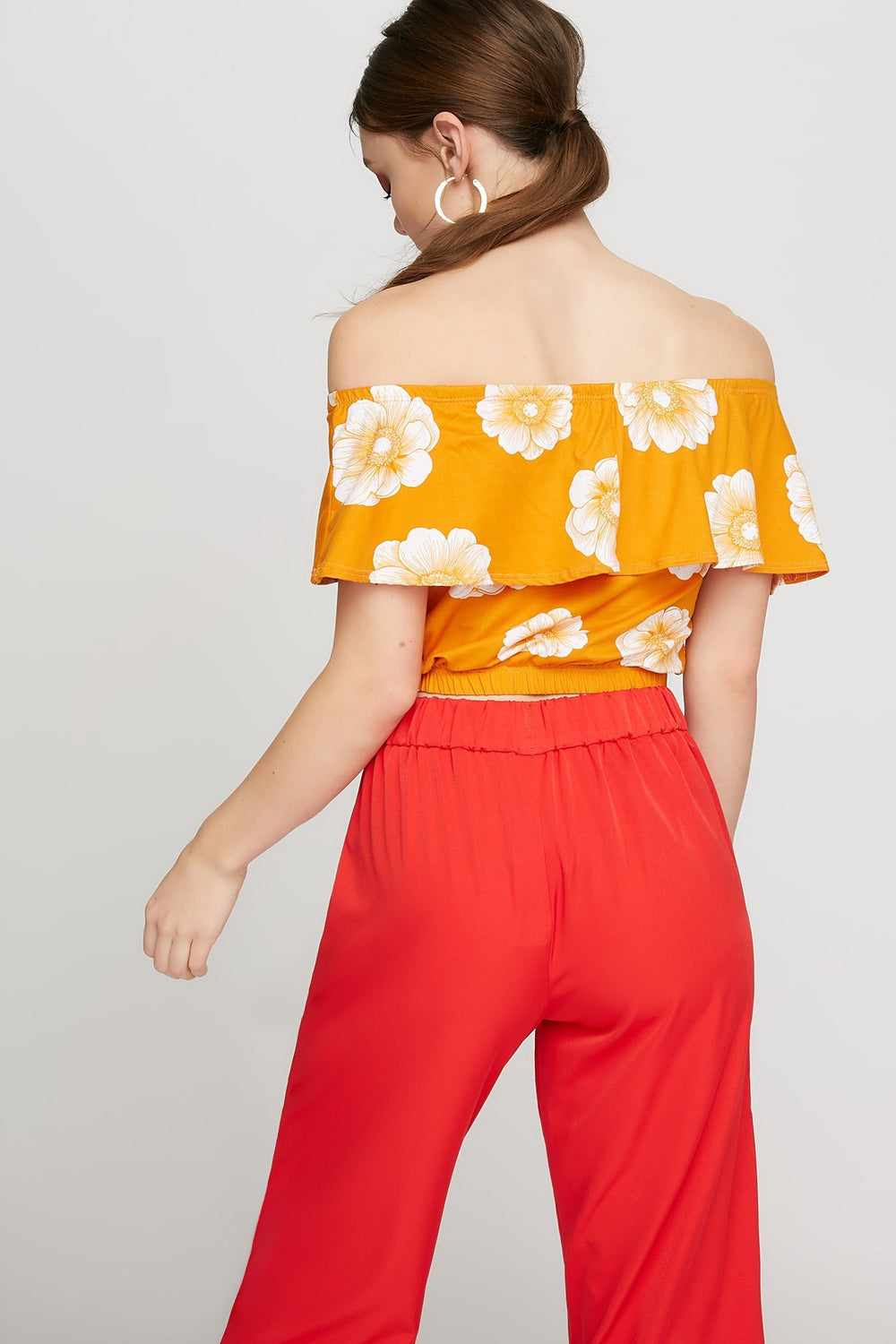 Women Off The Shoulder Floral Ruffle Cropped Blouse Yellow
