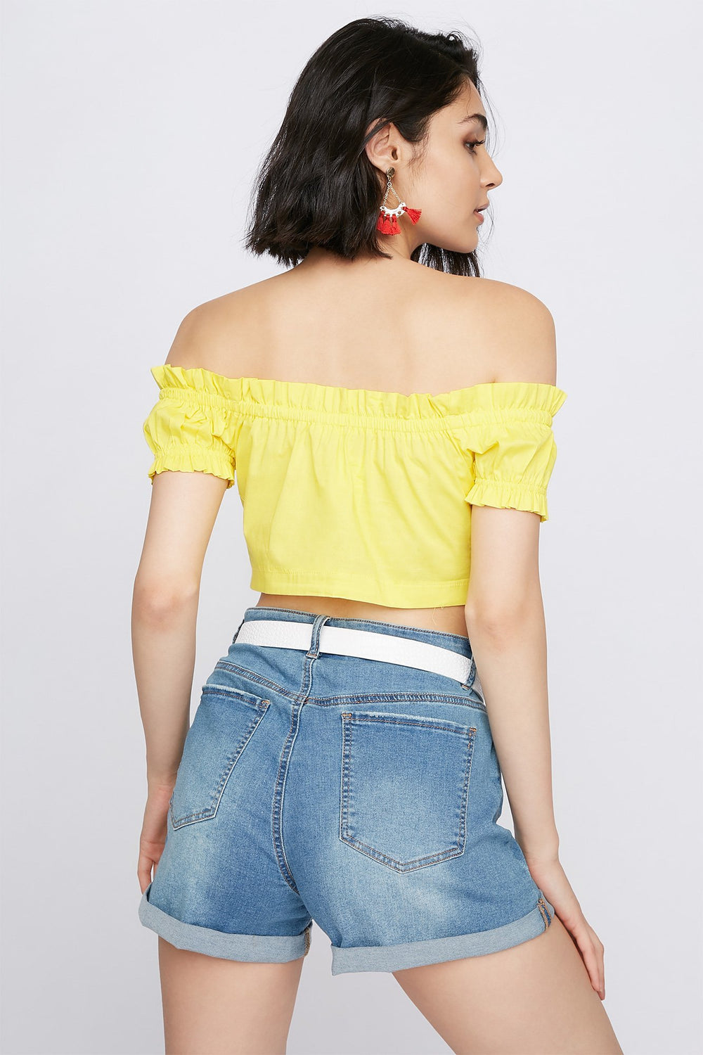 Women Off The Shoulder Ruffle Lace-Up Cropped Blouse Yellow