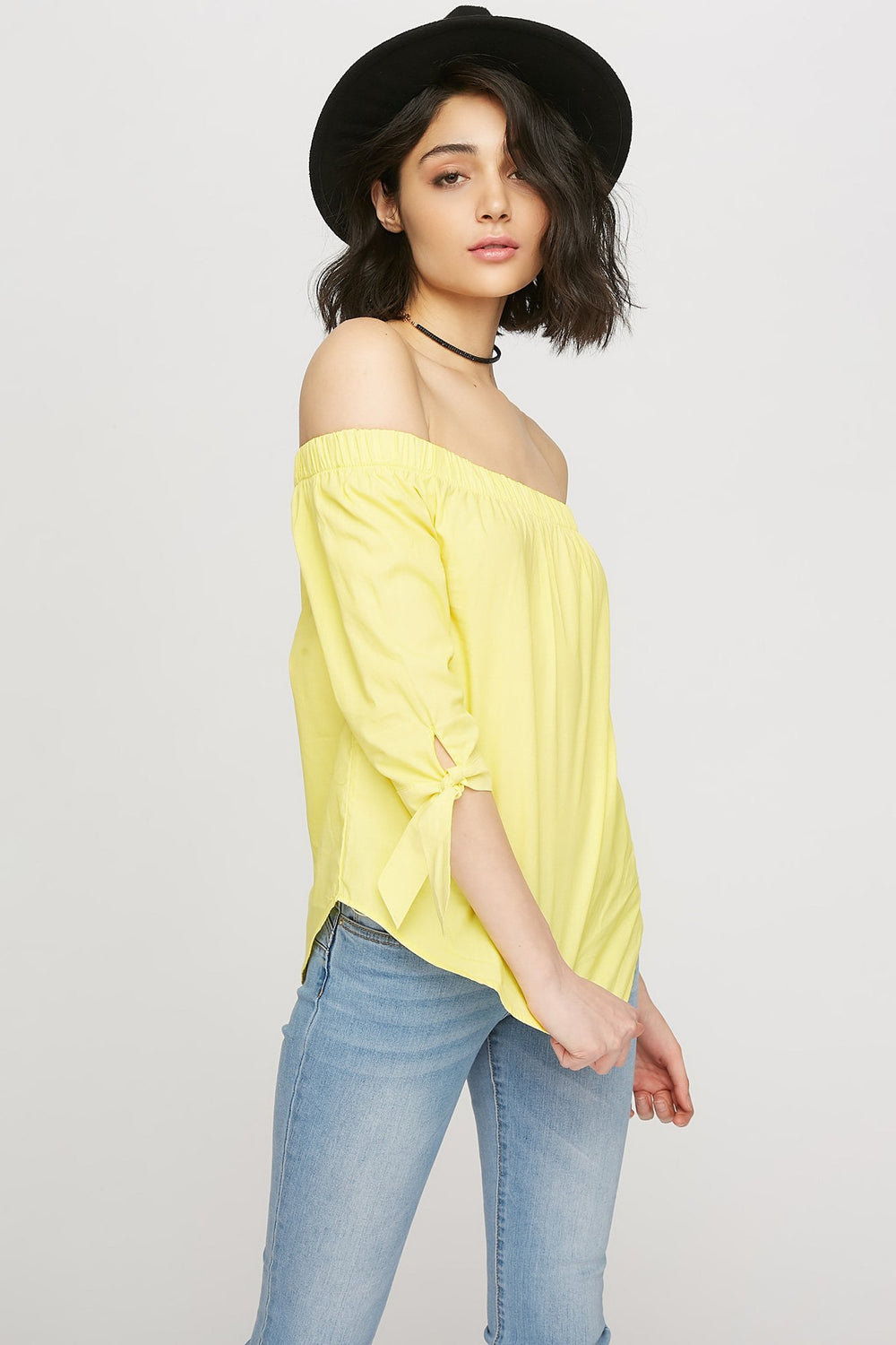 women Off The Shoulder Self-Tie Sleeve Blouse Yellow