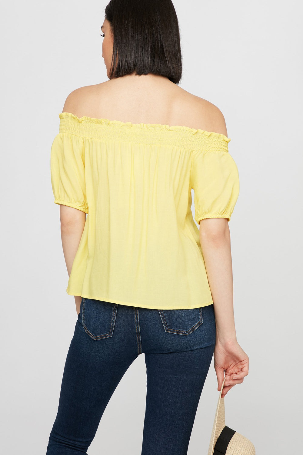 Women Off The Shoulder Smocked Lace-Up Button-Up Blouse Yellow