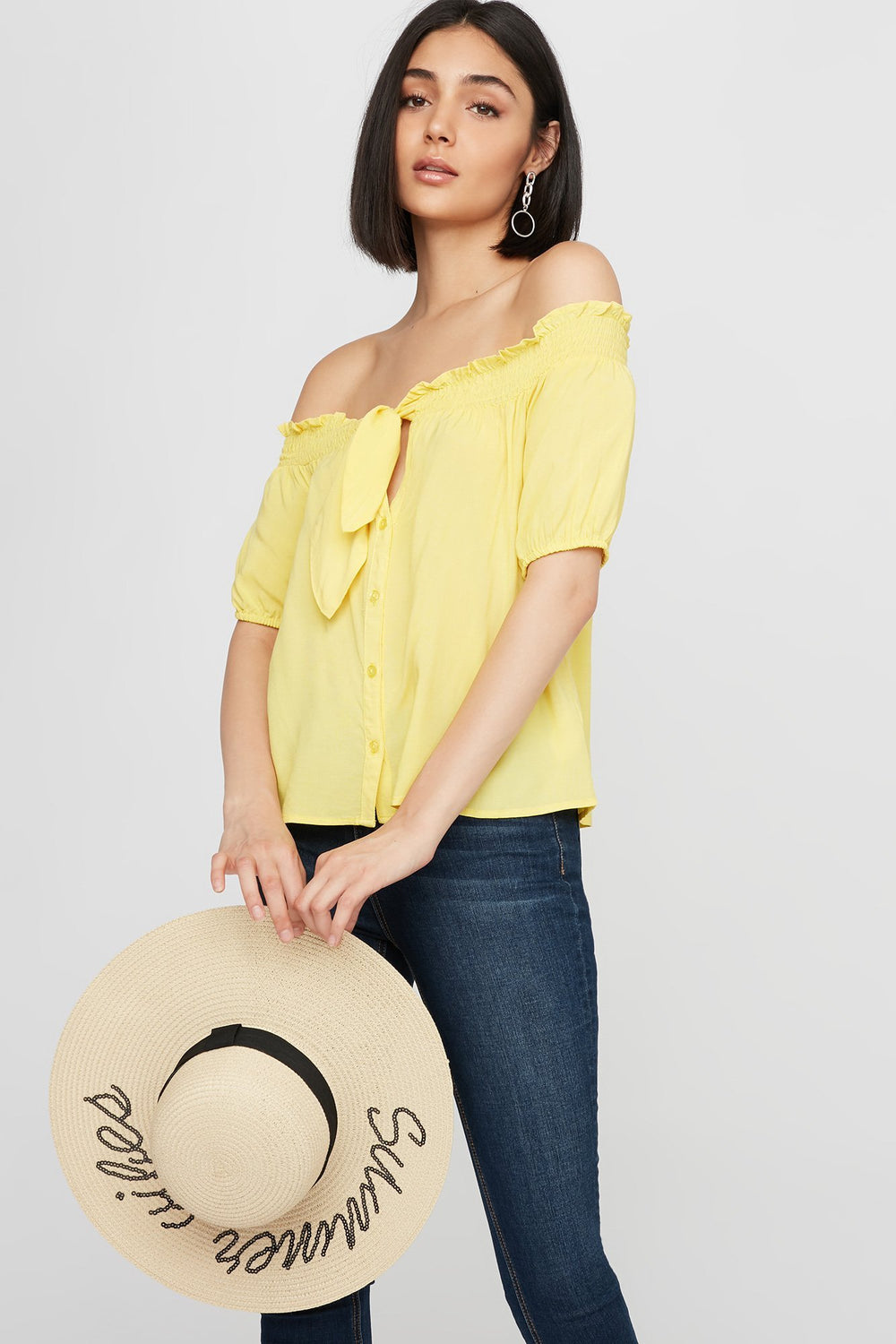 Women Off The Shoulder Smocked Lace-Up Button-Up Blouse Yellow