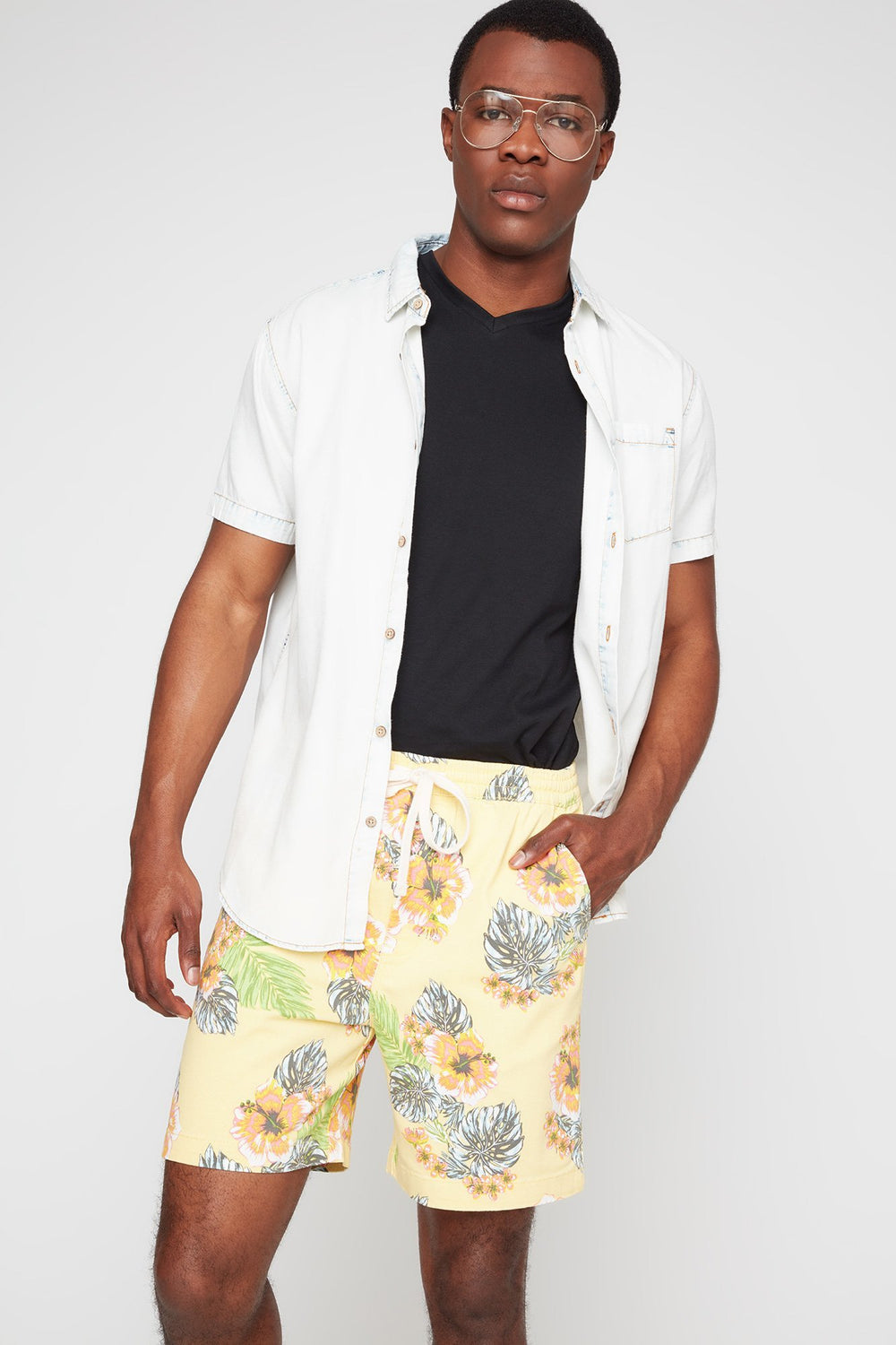 Men Printed Drawstring Slim Short Yellow