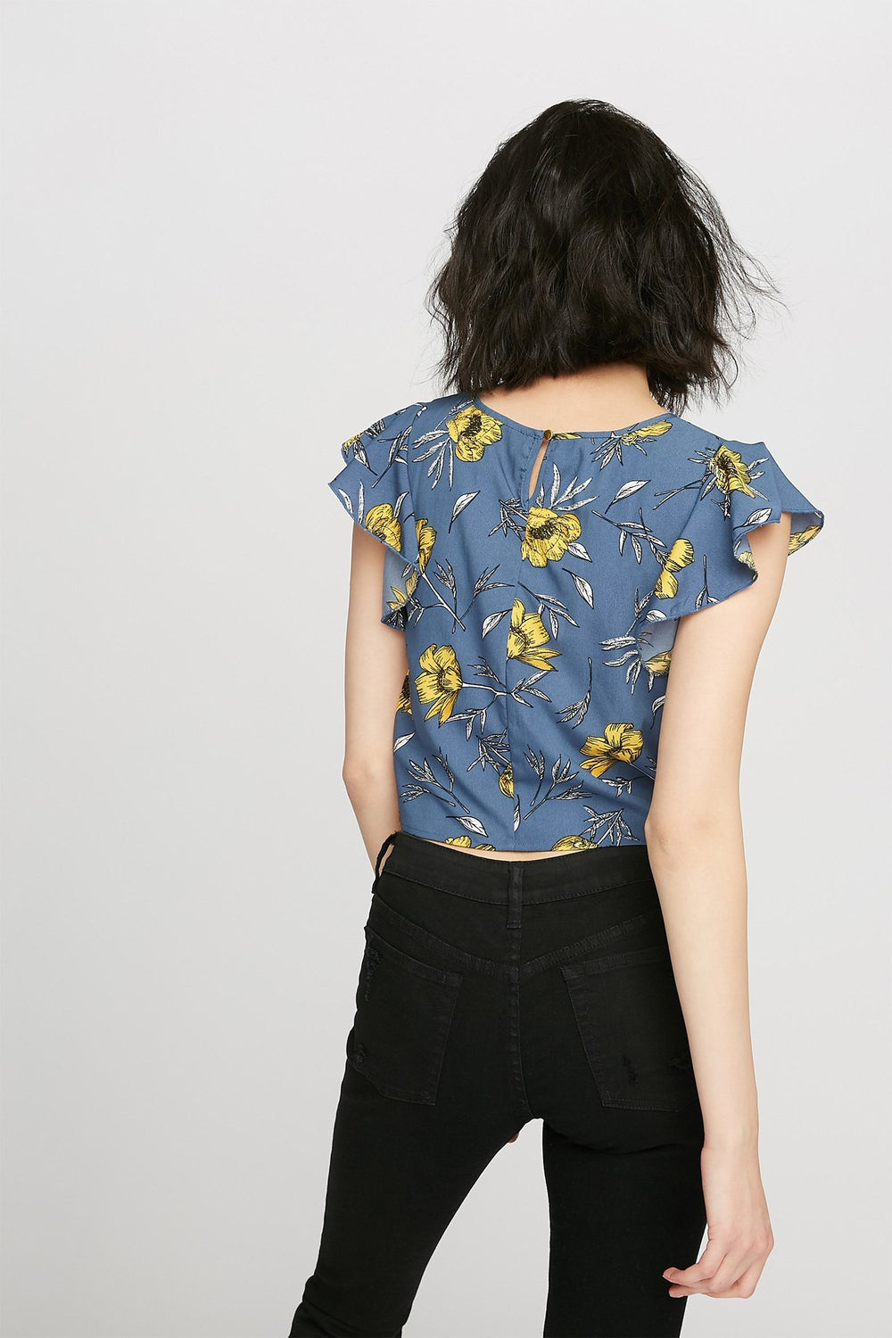 Women Printed Self-Tie Front-Knot Ruffle Cropped Blouse Yellow