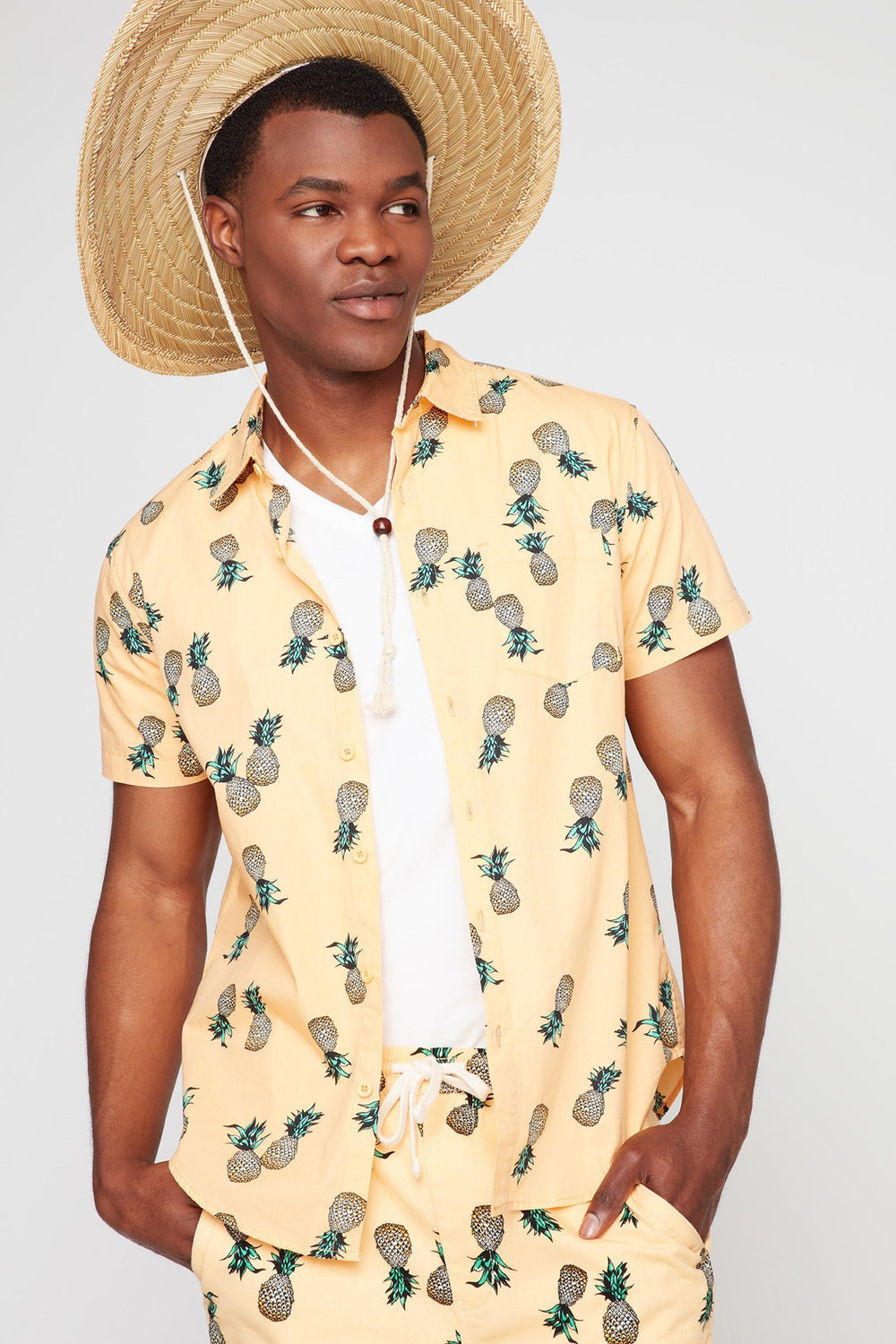 Men Printed Short Sleeve Button-Up Shirt Yellow
