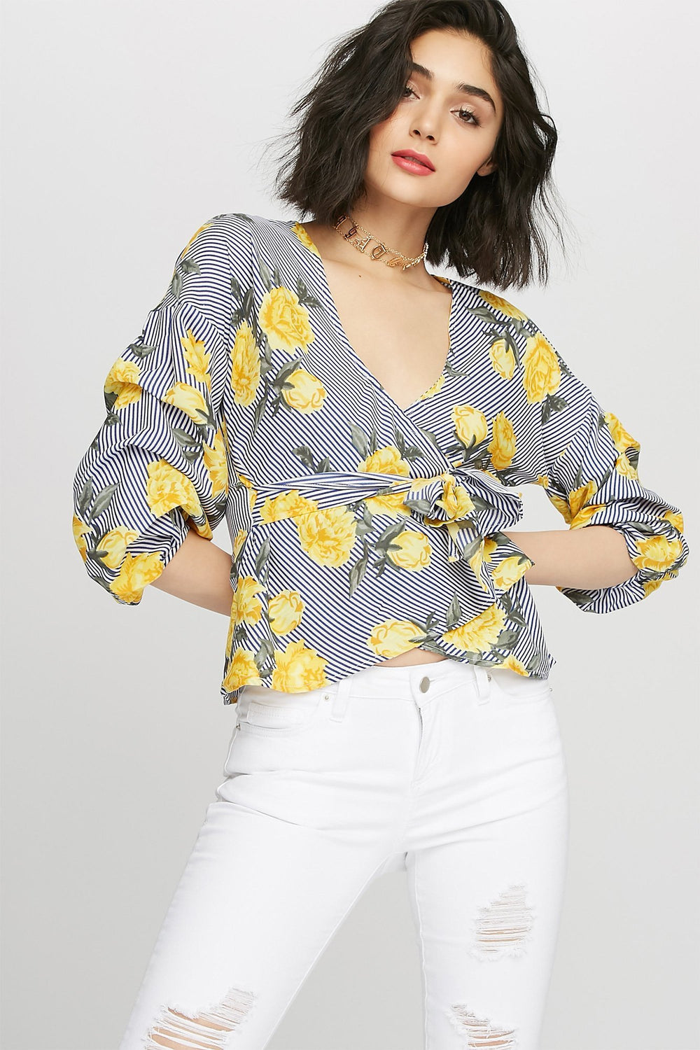 Women V-Neck Ruffle Self-Tie Wrap Blouse Yellow