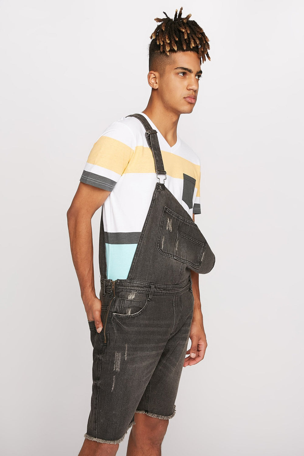 Men V-Neck Striped Pocket T-Shirt Yellow