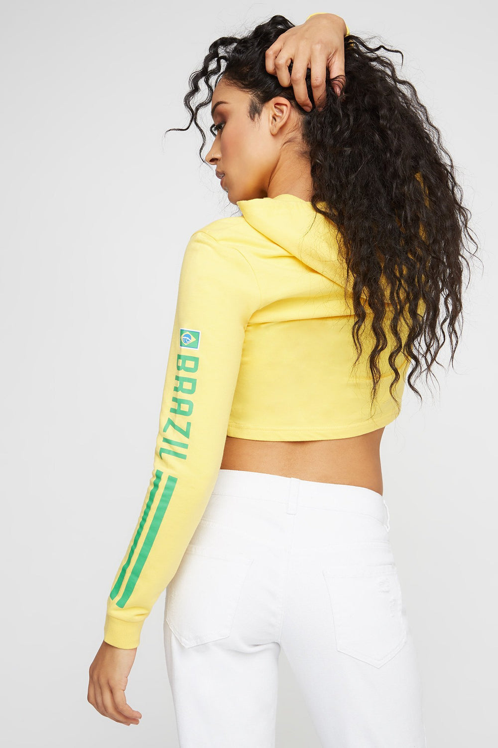 Women World Cup Side Stripe Graphic Cropped Popover Hoodie Yellow