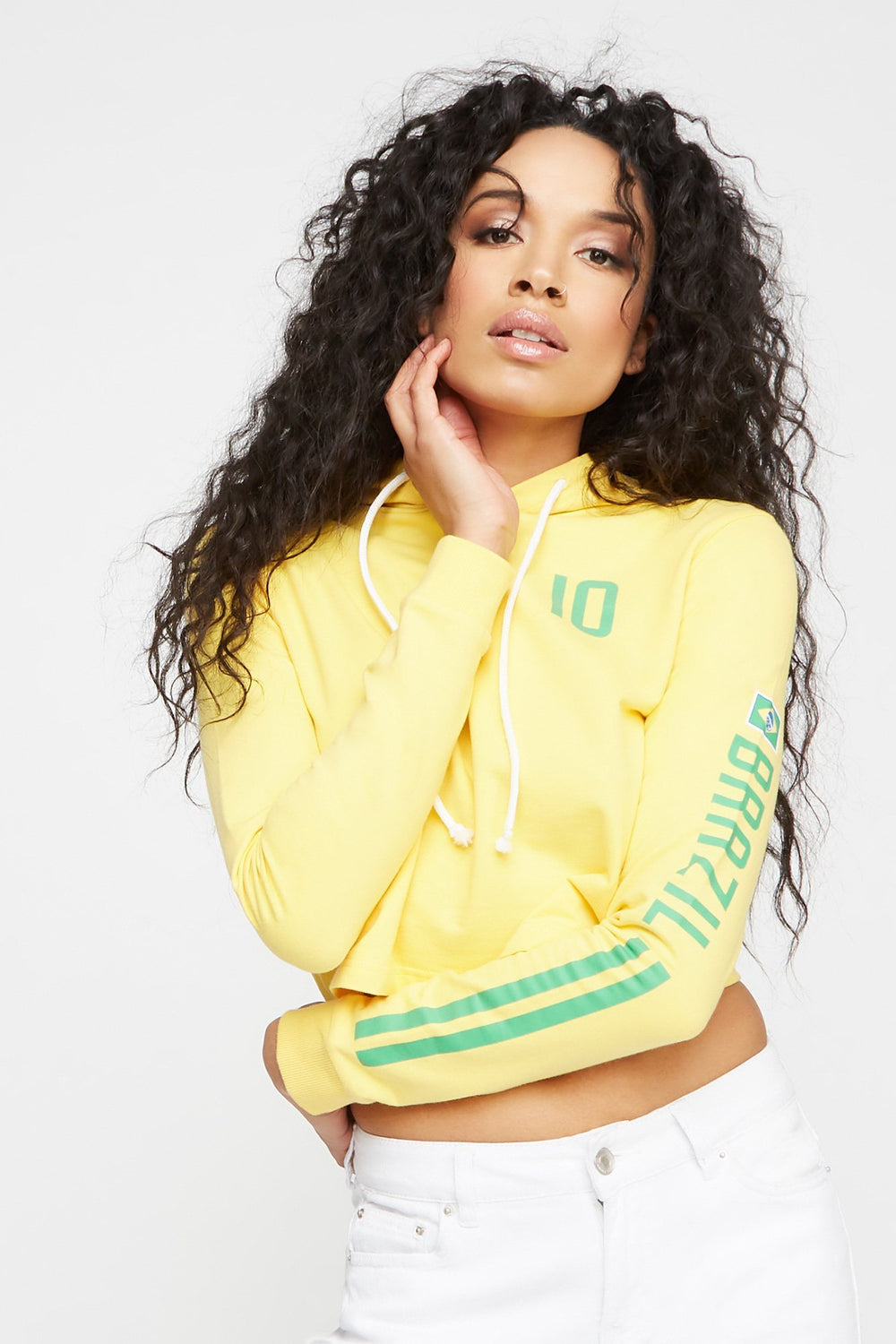 Women World Cup Side Stripe Graphic Cropped Popover Hoodie Yellow