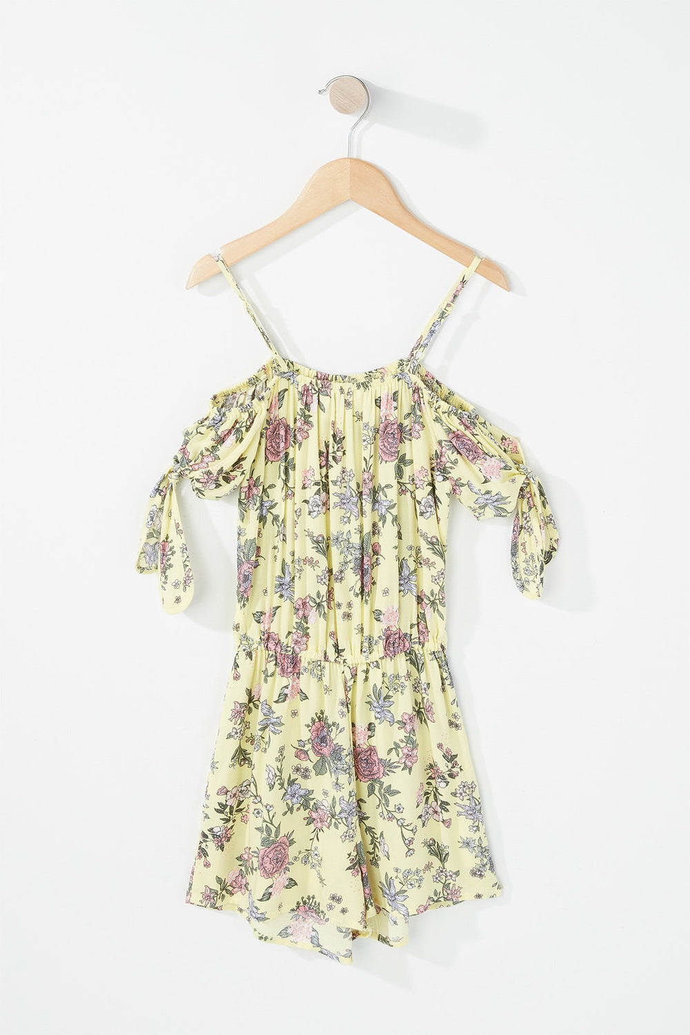 Kids Girls Cold Shoulder Self-Tie Sleeve Floral Romper Yellow