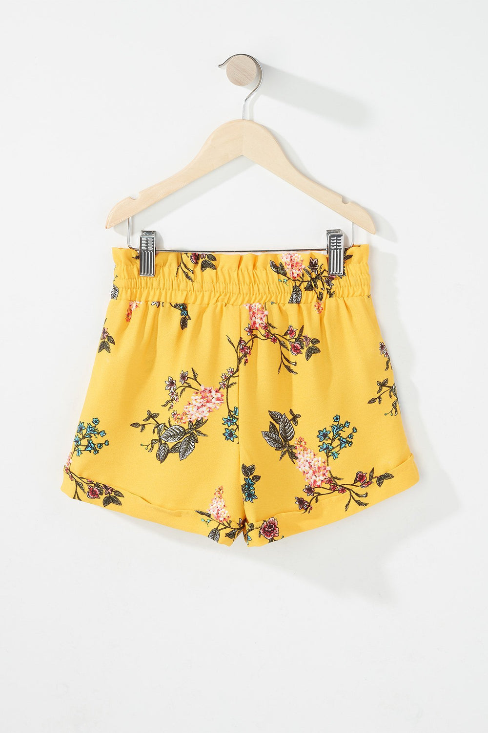 Kids Girls Floral Ruffle Drawstring Paperbag Short Yellow