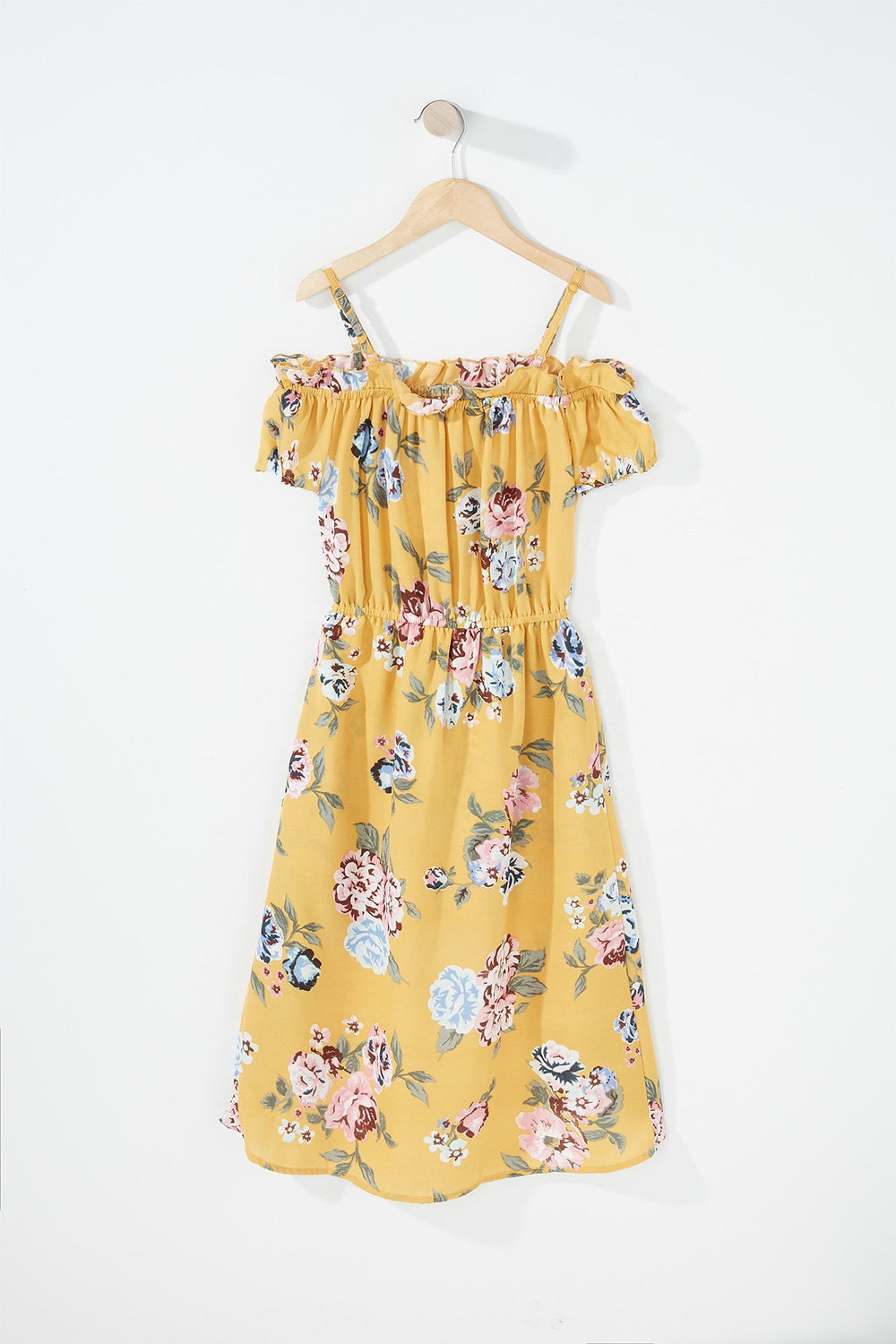 Kids Girls Ruffle Cold Shoulder Floral Drawstring Walkthrough Romper Yellow
