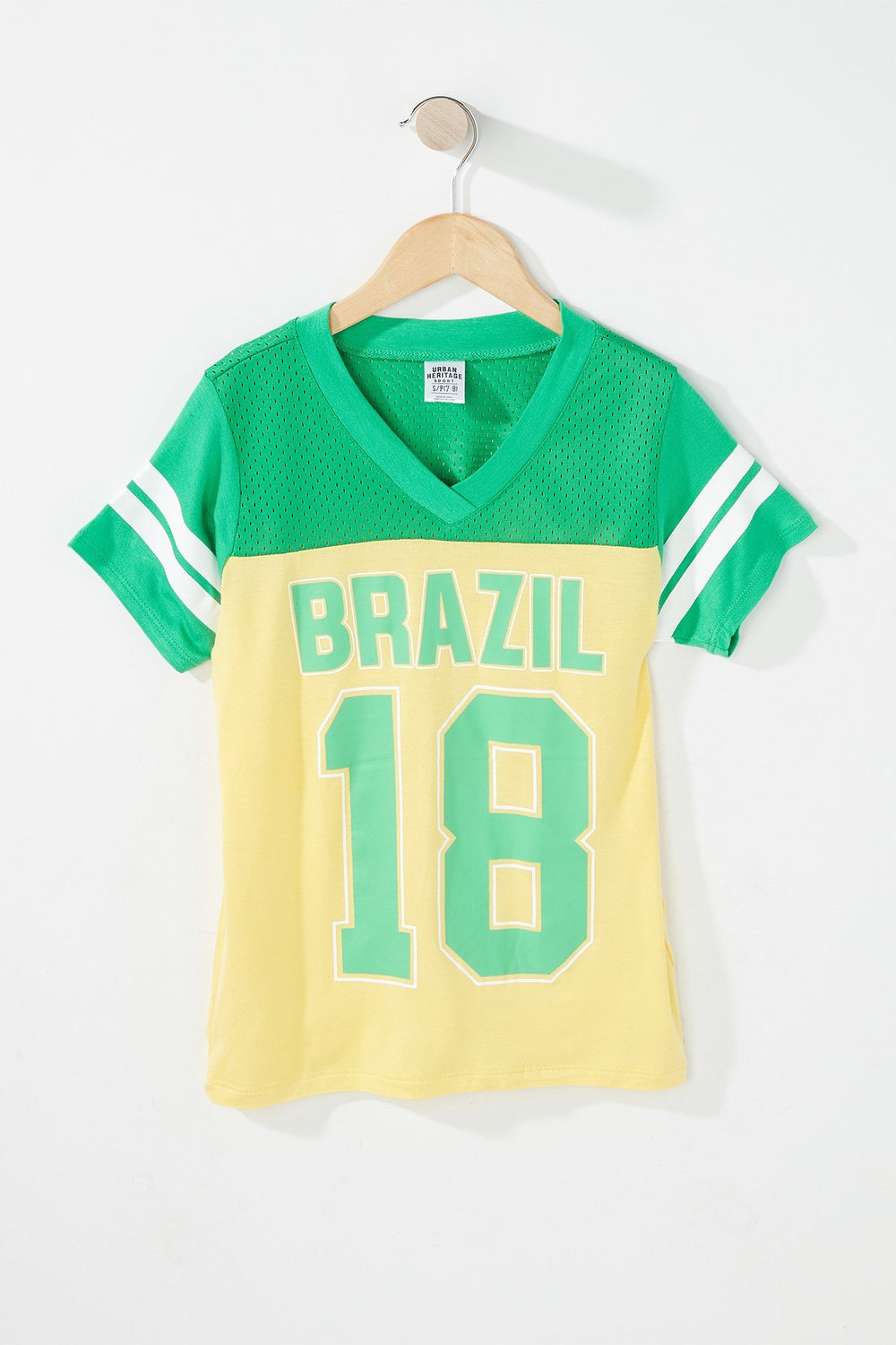 Kids Girls World Cup V-Neck Mesh Varsity Striped T-Shirt Yellow